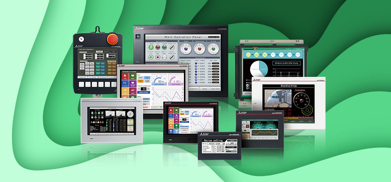 Mitsubishi HMIs against a green swirly background