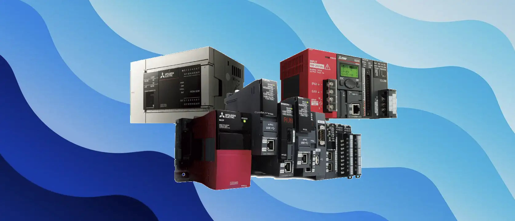 A collage of Mitsubishi Electric Programmable Logic Controllers (PLCs) against a blue gradient of wavy lines.