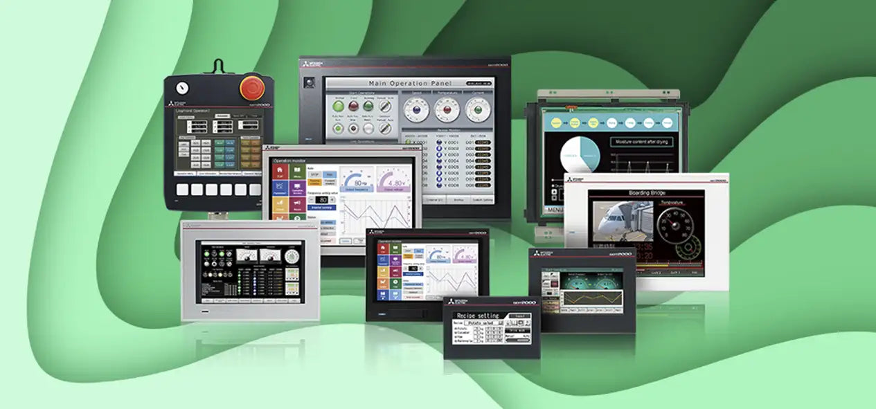 A collage of Mitsubishi Electric Human Machine Interfaces (HMIs) on a background of green wavy lines.