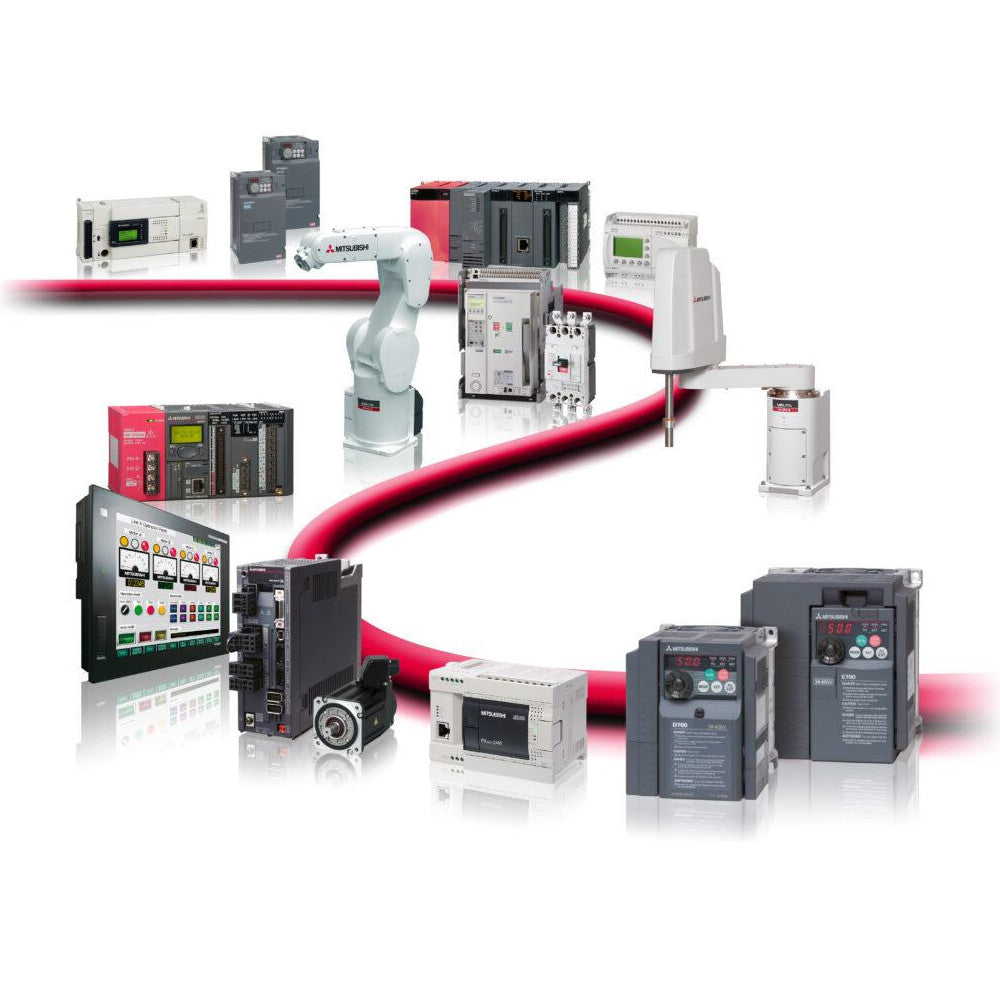 Mitsubishi products, including PLCs, HMIs, VSDs, servos, inverters, and robots, arranged along a line with two bends.