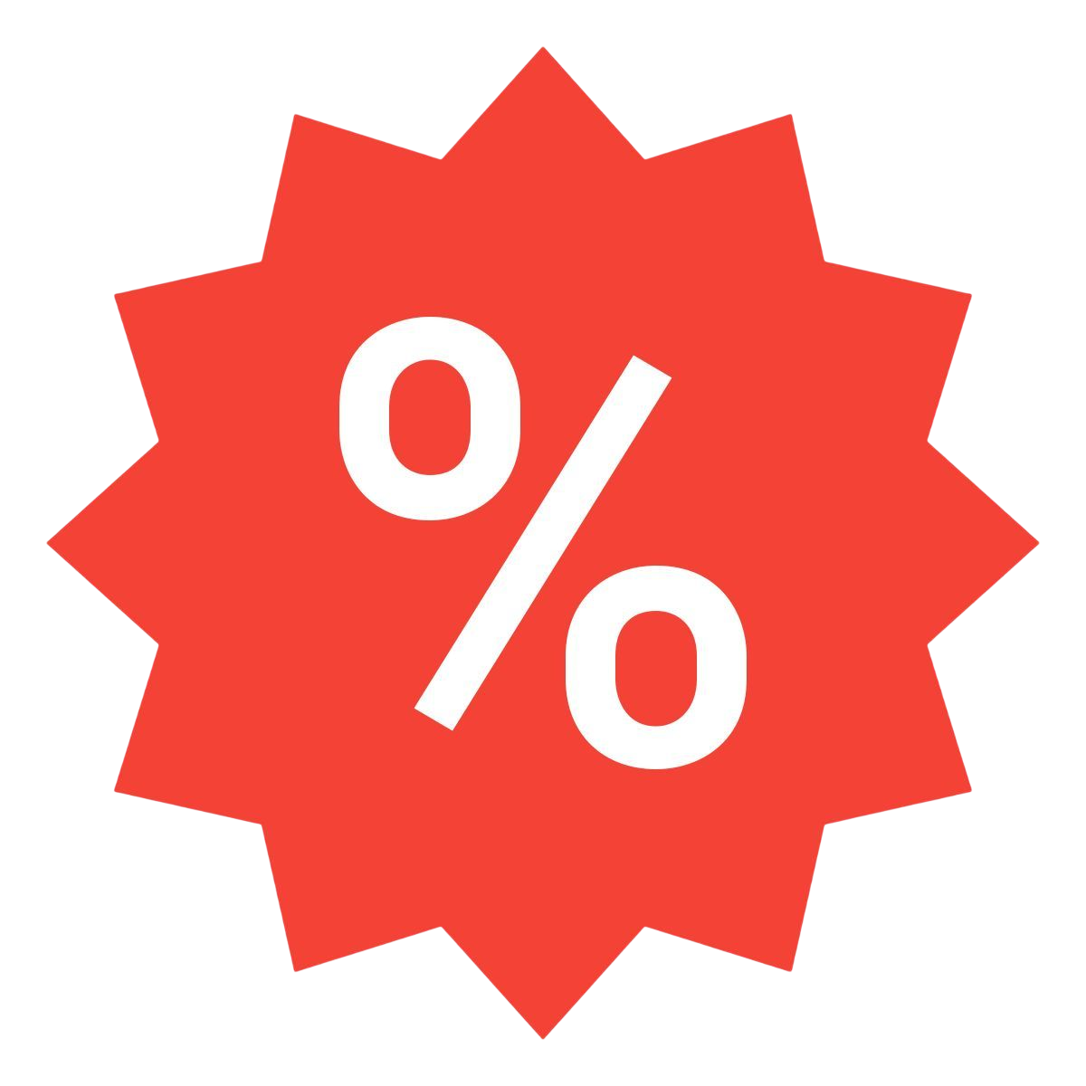 White percentage symbol on a red, twelve point star