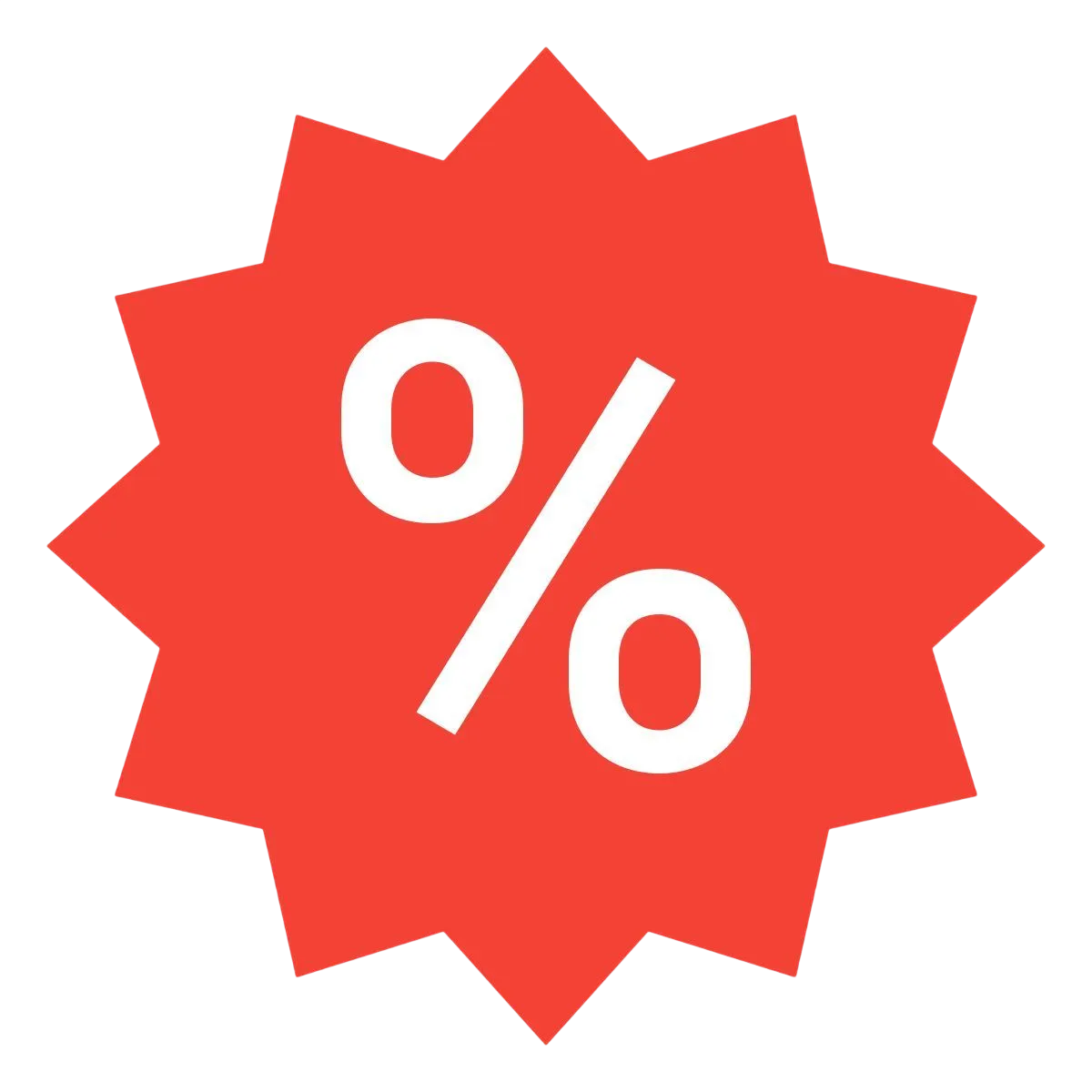 A white percentage sign centered on a red 12-point star badge.